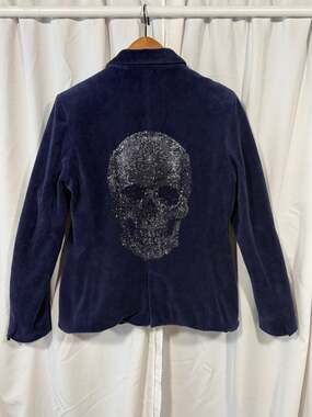 Hipchik Couture Rhinestone Skull Terry Blazer Navy Blue Size 6 Y2K MCBling